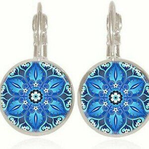 NEW NWT Blue Teal Mandala Silver Bohemian Floral Cabochon Drop Pierced Earrings